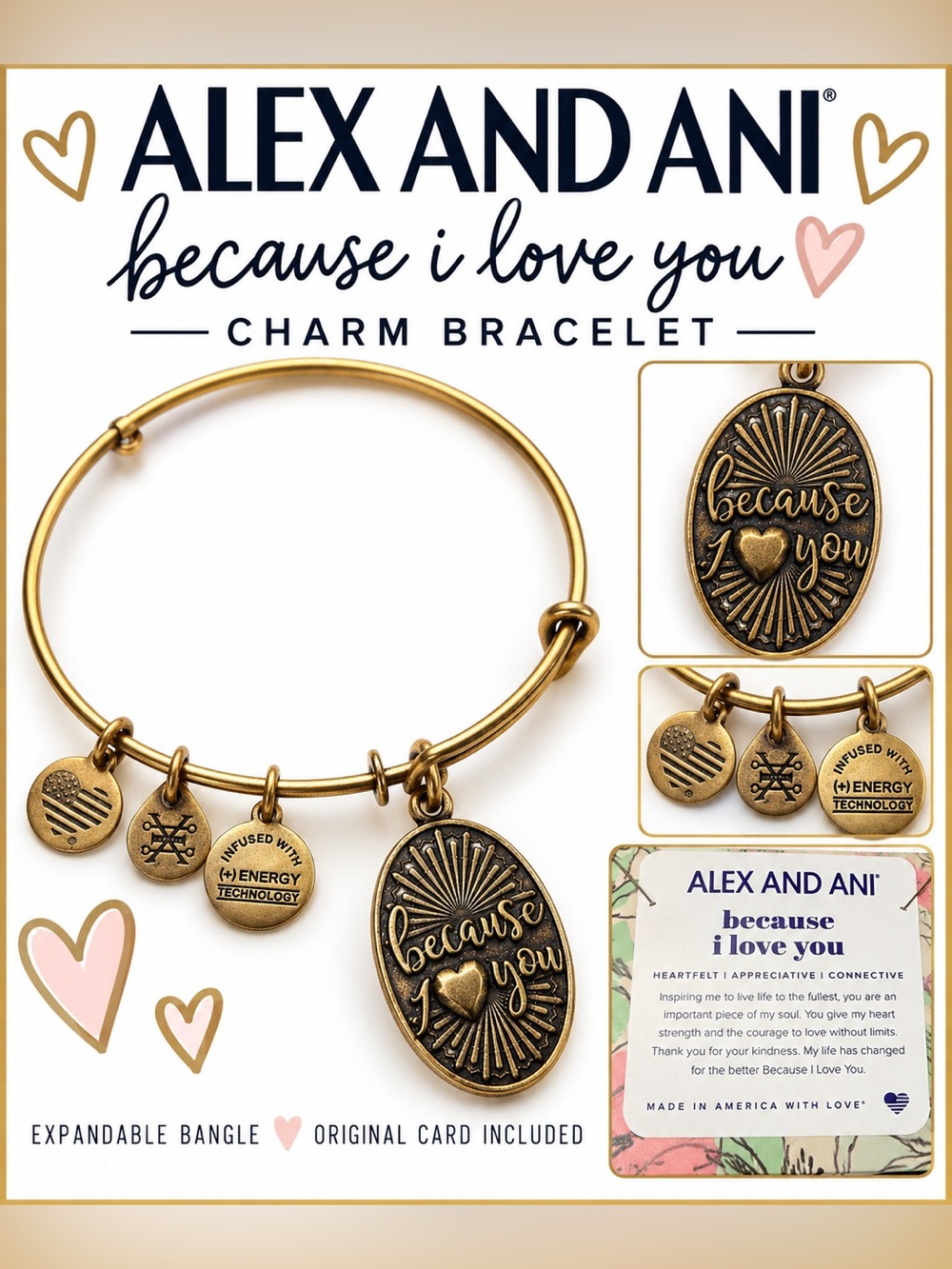 Alex and Ani Because I Love You Gold Tone Expandable Charm Bangle Bracelet